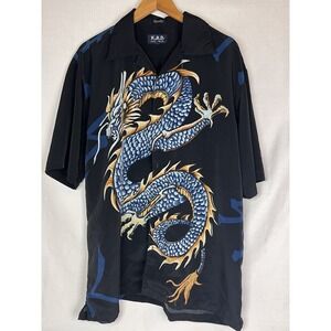 Vtg KAD Clothing Short Sleeve Button Up Shirt Dragon Mens Large Black FLAWS